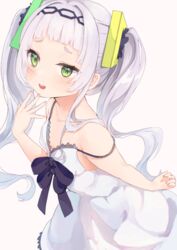  alternate_eye_color alternate_hairstyle arm_behind_back bare_shoulders blunt_bangs blush collarbone commentary_request dress female fingernails from_side green_eyes grey_hair hair_intakes hairband highres hololive kashuu_(pixiv_66328082) long_hair looking_at_viewer murasaki_shion ojou-sama_pose parted_lips short_eyebrows sidelocks smile smug solo strap_slip sundress triangle_hair_ornament twintails virtual_youtuber white_dress 