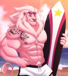  2021 anthro arm_hair arm_tattoo beach body_hair bottomwear cartoon_network chest_hair chest_tattoo clothing detailed_background eyewear felid fur hair hairy hi_res lion lion_(steven_universe) male mammal mane muscular muscular_anthro muscular_male nipples outside pantherine pink_body pink_fur seaside sky solo steven_universe sunglasses surfboard swimwear tattoo thediyemi 