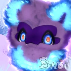  1:1 ambiguous_gender black_body black_fur blue_body blue_eyes blue_fur blue_sclera feral fluffy fur fur_markings hi_res looking_at_viewer mammal markings multicolored_eyes multicolored_sclera red_eyes simple_background smile snoiifoxxo solo tuft 