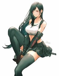  black_hair black_skirt boots breasts crop_top drop_earrings earrings elbow_pads female final_fantasy final_fantasy_vii final_fantasy_vii_remake fingerless_gloves gloves highres jewelry kuroimori large_breasts long_hair looking_at_viewer low-tied_long_hair midriff own_hands_together pencil_skirt pleated_skirt red_footwear shirt sitting skirt solo suspender_skirt suspenders suspenders_gap swept_bangs tank_top taut_clothes taut_shirt thighhighs tifa_lockhart watermark white_background white_tank_top zettai_ryouiki 