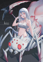  :o absurdres arachne armpits arthropod_girl artist_name bandeau bare_shoulders black_background braid breasts cleavage collarbone colored_eyelashes commentary covered_nipples extra_eyes female groin hair_between_eyes halterneck hand_up highres holding holding_scythe kiz_mk kumo_desu_ga_nani_ka? kumoko_(kumo_desu_ga_nani_ka?) large_breasts long_hair looking_at_viewer monster_girl navel open_mouth red_eyes scythe shadow shiraori sidelocks silk simple_background single_braid solo spider_girl spider_web spoilers standing stomach taur very_long_hair white_bandeau white_hair 