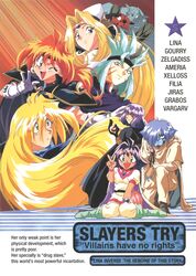  1990s_(style) 3girls 6+boys amelia_wil_tesla_seyruun armor blonde_hair blue_eyes blue_hair boots cape character_name circlet cloak closed_eyes copyright_name earrings english_text facial_hair filia_ul_copt fingerless_gloves fox_boy furry furry_male gloves gourry_gabriev gravos_maunttop green_footwear green_hair hat headband holding holding_staff horns jewelry jillas_jillos_jillas lina_inverse lizardman long_hair long_sleeves looking_at_viewer multiple_boys multiple_girls non-web_source official_art one_eye_closed open_mouth pauldrons philionel_el_di_seyruun pointy_ears purple_hair red_eyes red_hair retro_artstyle short_hair shoulder_armor single_horn slayers slayers_try smile staff v valgarv_(slayers) very_long_hair white_gloves xelloss zelgadiss_graywords 