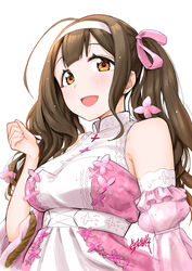  :d ahoge antenna_hair blush breasts brown_eyes brown_hair commentary_request dress female flower hair_flower hair_ornament hair_over_shoulder hair_ribbon highres idolmaster idolmaster_shiny_colors kuwayama_chiyuki large_breasts long_hair open_clothes open_mouth ribbon smile takuji_yuusaku twintails yellow_eyes 