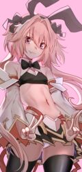  1boy alternate_legwear armor ass_visible_through_thighs astolfo_(fate) astolfo_(saber)_(fate) bare_shoulders belt black_bow black_bowtie black_ribbon black_skirt black_thighhighs blush bow bowtie closed_mouth crop_top detached_sleeves double_v fate/grand_order fate_(series) faulds hair_between_eyes hair_intakes hair_ribbon highres long_hair looking_at_viewer low_twintails male_focus midriff multicolored_hair nakasaku-p navel oerba_yun_fang otoko_no_ko panties pink_background pink_hair purple_eyes ribbon simple_background skirt smile solo streaked_hair thighhighs thighs twintails underwear upskirt v white_hair white_panties wide_sleeves wing_collar 