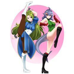  2girls black_footwear black_gloves blue_dress boots branch breasts brown_eyes cammy_white cammy_white_(cosplay) chinese_clothes chun-li chun-li_(cosplay) cosplay covered_navel dress english_commentary fingerless_gloves fins fish_tail flexible gloves green_eyes green_leotard heterochromia highres indie_virtual_youtuber juliet_sleeves kuroba_plant leotard leotard_peek long_hair long_sleeves looking_at_viewer mako_sameshima medium_breasts monster_girl multiple_girls nano_(nanojyaa) pantyhose plant_girl puffy_sleeves second-party_source shark_fin shark_girl shark_tail split spread_legs standing standing_on_one_leg standing_split street_fighter tail virtual_youtuber white_footwear 