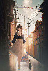  ankodesoy belt black_cat black_hair blush bow braid building closed_eyes cloud commentary feline female footwear_bow full_body hair_ornament hairclip high-waist_skirt highres jewelry long_hair long_sleeves luggage necklace nijisanji open_mouth oriental_pearl_tower outdoors power_lines puffy_sleeves real_world_location reflection rolling_suitcase shanghai skirt sky smile solo suitcase tower tsukino_mito tsukino_mito_(2nd_costume) twin_braids utility_pole virtual_youtuber watch wristwatch 