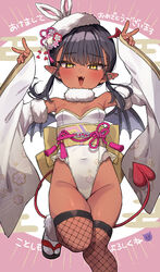  2023 animal_ears bat_wings black_hair blunt_bangs breasts brown_succubus-chan_(trente) chinese_zodiac dark-skinned_female dark_skin demon_tail detached_sleeves double_v ear_piercing female fur_trim happy_new_year head_wings highres japanese_clothes kimono navel new_year oerba_yun_fang original piercing pointy_ears rabbit_ears sidelocks small_breasts tail trente v wings year_of_the_rabbit yellow_eyes 