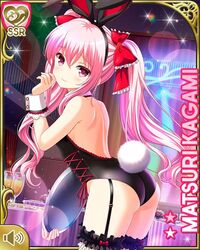  animal_ears arm_up ass bare_back bare_shoulders black_leotard bow character_name detached_collar fake_animal_ears fake_tail female from_behind garter_straps girlfriend_(kari) hairbow indoors kagami_matsuri leaning_forward leotard long_hair looking_back official_art pink_eyes pink_hair playboy_bunny qp:flapper rabbit_ears rabbit_tail ribbon smile solo stage strapless strapless_leotard table tail thighs tray twintails waitress wrist_cuffs 