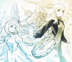  2girls absurdres aqua_eyes assault_visor eve_(gundam_build_divers_re:rise) floating gundam gundam_build_divers gundam_build_divers_re:rise gundam_narrative highres horns ishiyumi looking_down looking_up mecha multiple_girls open_hand rita_bernal robot single_horn trait_connection unicorn_gundam_phenex 