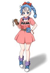  absurdres belt blue_eyes blue_hair boots braid breasts bulma_briefs closed_mouth commentary dragon_ball dragon_ball_(classic) dragon_radar eron female full_body gloves highres holding long_hair simple_background smile solo white_background 