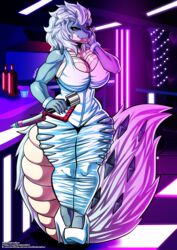  absurd_res anthro artofthediscipline bar big_breasts big_tail breasts capcom clothing dragon fanged_wyvern female footwear hi_res high_heels monster_hunter mythological_creature mythological_scalie mythology scalie solo tail tobi-kadachi weapon wide_hips 