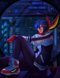  alternate_costume black_hair black_thighhighs blue_eyes casual cityscape commentary_request commission female fingerless_gloves glasses gloves grs_kv jacket kill_la_kill leg_up letterman_jacket lips living_clothes matoi_ryuuko multicolored_hair neckerchief open_clothes open_jacket orange-tinted_eyewear pince-nez red_gloves red_hair senketsu senketsu_(scarf) shoes short_hair sitting sleeves_pushed_up sneakers socks_over_pantyhose solo streaked_hair sunglasses thighhighs tinted_eyewear window 