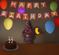  balloon birthday birthday_cake cake candle clothing dessert eeveelution fan_character female feral food furniture generation_2_pokemon hat headgear headwear hi_res inflatable joeumbre nintendo party party_hat plate pokemon pokemon_(species) rita_(joeumbre) shaded solo table umbreon 