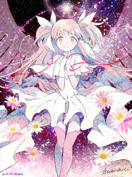  2014 angel_wings artist_name commentary daisy dated diamond_(shape) dress english_commentary eyebrows_visible_through_hair eyelashes feet_out_of_frame female fingers_together floating_hair flower frilled_sleeves frills gloves glowing hair_between_eyes hair_ribbon half-closed_eyes hands_clasped happy kaname_madoka legs_together light_smile long_dress long_hair mahou_shoujo_madoka_magica mimi-miru own_hands_together pink_flower pink_legwear red_string ribbon smile solo sparkle sparkle_background standing star straight_hair string thighhighs transparent_wings two_side_up ultimate_madoka very_long_hair white_dress white_flower white_gloves white_ribbon wide_sleeves wings yellow_eyes zettai_ryouiki 