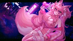  animal_ears breasts city cityscape cleavage cleavage_cutout clothing_cutout female fluff fluffy fox_ears fox_girl fox_tail highres indie_virtual_youtuber jacket kireina_(osiimi) large_breasts licking_lips neon_lights off_shoulder osiimi pink_eyes pink_hair pink_jacket pink_thighhighs ribbed_sweater solo sweater tail thighhighs thighs tongue tongue_out twintails virtual_youtuber 