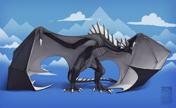  2020 4_toes ambiguous_gender belly_scales biped black_body black_scales black_wings blue_background claws cloud countershade_feet countershade_tail countershade_torso countershade_wings countershading digital_media_(artwork) dragon ear_frill european_mythology feet feral folded_wings frill_(anatomy) gradient_background head_crest head_frill head_horn hi_res horn keltaan licking membrane_(anatomy) membranous_frill membranous_wings morghus mountain multicolored_body multicolored_scales mythological_creature mythological_scalie mythology open_mouth scales scalie self_lick shadow simple_background solo spines standing tail tail_frill teeth toe_claws toes tongue tongue_out two_tone_body two_tone_scales two_tone_wings western_dragon white_body white_claws white_countershading white_horn white_membrane white_scales white_wings wing_claws wings wyvern yellow_eyes 