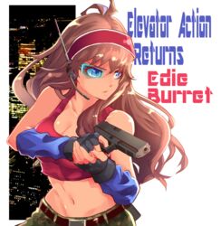  black_gloves blue_eyes breasts brown_hair building character_name cleavage collarbone copyright_name cowboy_shot crop_top edie_burret elevator_action_returns female fingerless_gloves gloves gun hairband hayadai headpiece holding holding_gun holding_weapon long_hair looking_to_the_side medium_breasts midriff navel red_hairband red_tank_top scouter serious shiny_skin solo tank_top weapon 