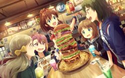  5girls bacon blue_eyes blush brown_hair burger commentary_request diner double-decker_hamburger_bun dutch_angle earrings fast_food food food_awe french_fries green_eyes hair_ornament handa_roco highres hood hoodie ice_cream ice_cream_float idolmaster idolmaster_million_live! idolmaster_million_live!_theater_days jelly_pop_beans jewelry ketchup ketchup_bottle long_hair maihama_ayumu marimo_(momiage) menu multiple_girls mustard mustard_bottle nagayoshi_subaru open_mouth pink_hair ponytail restaurant revision satake_minako short_hair sparkle suou_momoko too_many too_much_burger 