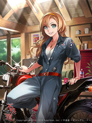  belt blonde_hair blue_eyes blue_jumpsuit bottle brand_name_imitation breasts cleavage commentary copyright_name copyright_notice day dr_pepper english_commentary female furyou_michi_~gang_road~ headband indoors jewelry jumpsuit kriss_sison leaning_against_motorcycle leaning_back leaning_on_object long_hair looking_at_viewer medium_breasts motor_vehicle motorcycle necklace partially_unbuttoned red_belt second-party_source shoes smile solo taga_makino water_bottle 