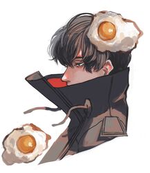  1boy absurdres black_coat black_eyes black_hair coat commentary covered_mouth cropped_torso egg_(food) fatalbug896 food food_on_head fried_egg from_side high_collar highres looking_away male_focus nichts_(fatalbug896) object_on_head original portrait profile short_hair simple_background solo symbol-only_commentary turtleneck two-sided_fabric white_background 