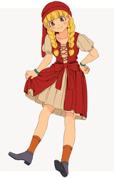  blonde_hair blue_eyes blush bracelet braid closed_mouth dragon_quest dragon_quest_xi dress earrings female hair_over_shoulder hat jewelry long_hair looking_at_viewer miyama_(kannsannn) red_hat simple_background smile solo twin_braids veronica_(dq11) 