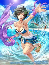  amazio_komeko azami_(saga) beach bikini black_hair blue_sky breasts cleavage cloud collarbone day female front-tie_bikini_top front-tie_top green_eyes miniskirt ocean outdoors palm_tree romancing_saga_2 saga sandals scarf short_hair skirt sky smile swimsuit tassel tree weapon 