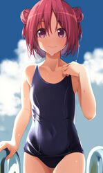  akaza_akari blue_one-piece_swimsuit blue_sky blurry cloud collarbone commentary_request cowboy_shot depth_of_field double_bun female flat_chest hair_bun highres looking_at_viewer old_school_swimsuit one-piece_swimsuit pool_ladder red_eyes red_hair school_swimsuit short_hair sky solo swimsuit tennosuke_(tejons) yuru_yuri 