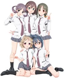  5girls arm_around_waist black_footwear black_legwear blonde_hair blue_eyes blue_hair blush brown_hair cardigan closed_mouth commentary curly_hair dress_shirt ezaki_hitomi green_eyes grey_hair grey_sky hair_ornament hair_ribbon hairclip hanada_kirame hand_on_another&#039;s_ass hand_on_another&#039;s_knee highres loafers long_hair long_sleeves looking_at_viewer low_twintails medium_hair messy_hair miniskirt multiple_girls necktie open_mouth orange_ribbon pleated_skirt pose purple_eyes red-framed_eyewear red_eyes ribbon saki_(manga) saki_achiga-hen school_uniform semi-rimless_eyewear seushiki_(ponti-ron) shindouji_school_uniform shirouzu_mairu shirt shoes short_hair short_sleeves side-by-side simple_background sitting skirt sky smile socks standing tsuruta_himeko twintails under-rim_eyewear v white_background white_cardigan white_shirt wing_collar yasukouchi_yoshiko yokozuwari 