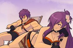  1boy absurdres beach_chair bikini black_bikini breasts cleavage female fire_emblem fire_emblem:_three_houses fire_emblem_heroes fire_emblem_warriors:_three_hopes highres large_breasts lying male_swimwear official_alternate_costume on_side purple_hair reclining shez_(female)_(fire_emblem) shez_(female)_(summer)_(fire_emblem) shez_(fire_emblem) shez_(male)_(fire_emblem) shez_(male)_(summer)_(fire_emblem) smgold smile sunglasses swim_trunks swimsuit 