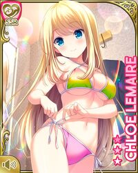  bikini blonde_hair blue_eyes blush breasts character_name chloe_lemaire cleavage dressing female fitting_room girlfriend_(kari) green_bikini long_hair mirror navel official_art pink_bikini qp:flapper reflection side-tie_bikini_bottom smile solo swimsuit thighs trying_on_clothes tying 