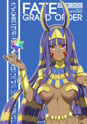  absurdres animal_ears armlet armor bad_id bad_pixiv_id belly_chain blonde_hair blue_background bracer breasts character_name copyright_name dark-skinned_female dark_skin earrings egyptian egyptian_clothes facepaint facial_mark fate/grand_order fate_(series) female hairband hieroglyphics highres hoop_earrings jackal_ears jewelry long_hair looking_at_viewer medium_breasts multicolored_hair navel nitocris_(fate) nitocris_(third_ascension)_(fate) pauldrons purple_eyes purple_hair saint_quartz_(fate) shoulder_armor sidelocks smile two-tone_hair usekh_collar very_long_hair yuuta_(yuuta0312) 