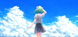  absurdres alternate_costume blue_sky cloud cowboy_shot double_bun female from_above from_behind green_hair grey_skirt hair_bun highres hololive karashi_(asarikarasi) landscape miniskirt plaid plaid_skirt pleated_skirt school_uniform shading_eyes shirt short_hair skirt sky solo uruha_rushia vest virtual_youtuber white_shirt 