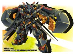  character_name chibi clenched_hand gun gundam gundam_astray_gold_frame_amatsu_mina_custom gundam_seed gundam_seed_astray highres holding holding_gun holding_weapon looking_at_viewer mecha mobile_suit no_humans robot science_fiction sibelurabbi solo v-fin weapon 