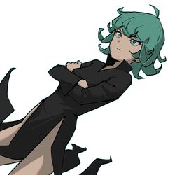  black_dress breasts closed_mouth crossed_arms curly_hair dress female green_eyes green_hair highres long_sleeves no_panties one-punch_man psylduck short_hair simple_background small_breasts solo tatsumaki thighs white_background 