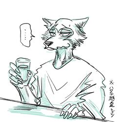  1:1 alcohol anthro beastars beverage canid canine canis hi_res itagaki_paru legoshi_(beastars) male mammal solo text traditional_media_(artwork) translated white_body wolf 