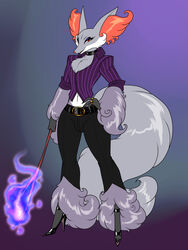  absurd_res alistair_(crovirus) anthro arm_tuft belt big_tail black_lipstick bottomwear chest_tuft choker clothed clothing colored_fire crossdressing crovirus curvy_figure delphox ear_tuft eyeshadow femboy fire fluffy fluffy_tail footwear generation_6_pokemon hand_on_hip hi_res high_heels jewelry leg_tuft lipstick looking_at_viewer makeup male navel necklace nintendo pants pokemon pokemon_(species) purple_eyeshadow purple_fire red_eyes ring shiny_pokemon shirt shirt_collar simple_background small_waist solo stick tail topwear tuft wide_hips 