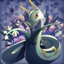  bad_id bad_pixiv_id coil commentary flower leaf looking_at_viewer no_humans orange_eyes pink_flower pokemon pokemon_(creature) serperior snake solo yukichi_(tsuknak1) 