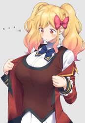  ... aikatsu!_(series) aikatsu_stars! bad_id bad_twitter_id blonde_hair blue_bow blush bow bowtie breasts closed_mouth embarrassed female gradient_hair grey_background highres huge_breasts jacket large_breasts long_hair long_sleeves looking_down mukuba multicolored_hair nijino_yume open_clothes open_jacket pink_bow red_bow shirt sidelocks simple_background solo twintails two-tone_hair uniform upper_body white_shirt yellow_eyes 