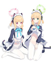  2girls absurdres animal_ear_headphones animal_ears apron aqua_ribbon black_dress black_footwear blonde_hair blue_archive bow cat_ear_headphones cat_tail chinese_commentary closed_mouth clothes_lift clothes_pull commentary_request dress dress_lift fake_animal_ears frilled_dress frills frown gong_cha green_bow green_eyes hairbow halo headphones highres kneeling lifting_own_clothes light_blush looking_at_viewer low_twintails maid maid_apron maid_headdress mechanical_tail midori_(blue_archive) midori_(maid)_(blue_archive) momoi_(blue_archive) momoi_(maid)_(blue_archive) multiple_girls navel neck_ribbon no_shoes official_alternate_costume open_mouth panties panties_under_pantyhose pantyhose pantyhose_pull pink_bow pink_eyes pulling_own_clothes ribbon short_hair siblings sidelocks sisters sitting smile stomach tail thigh_gap twins twintails underwear v-shaped_eyebrows wariza white_apron white_pantyhose 