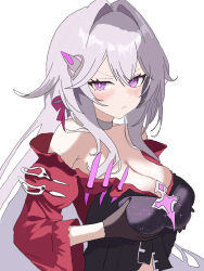  aquamarine725 black_gloves breasts bright_pupils choker cleavage closed_mouth dress female gloves grabbing_own_breast grey_choker grey_hair highres honkai_(series) honkai_impact_3rd large_breasts long_hair pink_eyes red_dress simple_background solo thelema_nutriscu thelema_nutriscu_(mad_pleasure:_shadowbringer) upper_body very_long_hair white_background white_pupils 