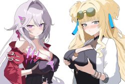  2boys 2girls aquamarine725 black_dress black_gloves blonde_hair blue_eyes blush bracelet breasts bright_pupils choker cleavage cleavage_cutout closed_mouth clothing_cutout dress eyewear_on_head gloves grabbing_own_breast grey_choker grey_hair highres honkai_(series) honkai_impact_3rd jacket jewelry large_breasts long_hair looking_at_viewer multiple_boys multiple_girls pince-nez pink_eyes red_dress simple_background songque songque_(astralop) thelema_nutriscu thelema_nutriscu_(mad_pleasure:_shadowbringer) upper_body very_long_hair white_background white_jacket white_pupils 