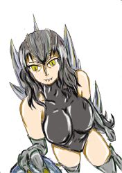  better_version_at_source black_hair breasts fangs female godzilla godzilla_(series) hair kaiju kenn looking_at_viewer pupils simple_background slit_pupils smile solo spines standing teeth toho yellow_eyes 