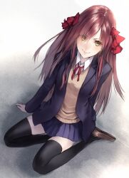  alternate_costume bad_id black_thighhighs brown_hair cybele_(lord_of_vermilion) female long_hair lord_of_vermilion makimura_shunsuke school_uniform sitting skirt smile solo thighhighs yellow_eyes 