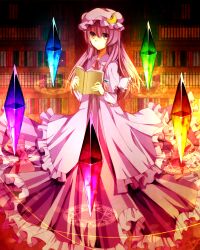  blush book bookshelf bow commentary crescent crystal dress female hairbow hat library long_hair magic_circle patchouli_knowledge philosopher&#039;s_stone pirororon purple_eyes purple_hair smile solo touhou voile 