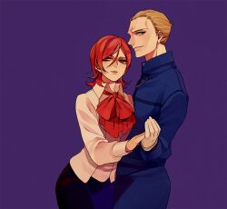  1boy bad_id bad_pixiv_id blonde_hair blue_eyes dearest24 fate/zero fate_(series) female kayneth_el-melloi_archibald photoshop_(medium) purple_background red_eyes red_hair short_hair simple_background sola-ui_nuada-re_sophia-ri 