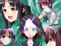  5girls bad_id bad_pixiv_id blue_eyes catchphrase glowing glowing_eyes hanada_kirame long_hair matsumi_kuro miyanaga_teru multiple_girls needle_(needlebomb) onjouji_toki red_eyes red_hair saki_(manga) saki_achiga-hen school_uniform senriyama_school_uniform shimizudani_ryuuka shiraitodai_school_uniform short_hair tears third_eye twintails whirlwind 