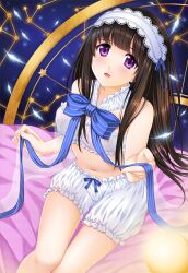  bad_id bad_pixiv_id black_hair bloomers blush bow bra chitanda_eru female hairband highres hyouka long_hair madoromi_no_yakusoku navel open_mouth photoshop_(medium) purple_eyes ren_san ribbon smile solo underwear 