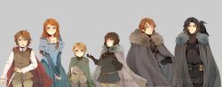  2girls 4boys a_song_of_ice_and_fire animification arya_stark bad_id bad_tumblr_id black_hair blue_eyes bob_cut bran_stark brown_hair cape facial_hair family fur_trim jon_snow lynneh multiple_boys multiple_girls photoshop_(medium) red_hair reverse_trap rickon_stark robb_stark sansa_stark short_hair siblings stubble sword watermark weapon web_address 