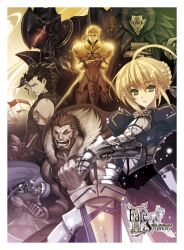  2girls 6+boys ahoge armor armored_dress artistic_error artoria_pendragon_(fate) assassin_(fate/zero) avalon_(fate/stay_night) beard berserker_(fate/zero) blonde_hair book cape commentary_request diarmuid_ua_duibhne_(lancer)_(fate) excalibur_(fate/stay_night) facial_hair fate/zero fate_(series) female_assassin_(fate/zero) flag full_armor gilgamesh_(fate) gilles_de_rais_(caster)_(fate) green_eyes helmet highres hunter556 ionioi_hetairoi_(fate) iskandar_(fate) knight long_hair mask mole mole_under_eye multiple_boys multiple_girls photoshop_(medium) ponytail purple_hair red_eyes red_hair saber_(fate) sheath sheathed skull_mask 