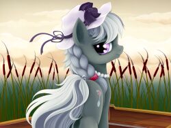  4:3 big_eyes cattail_(plant) clothing cloud cutie_mark detailed_background earth_pony equid equine female feral friendship_is_magic glistening glistening_eyes grass grey_hair hair happy hasbro hat headgear headwear hi_res horse jewelry looking_at_viewer looking_back looking_back_at_viewer mammal my_little_pony necklace outside plant pony purple_eyes quadruped rainbow_(artist) reed silver_spoon_(mlp) sky smile solo tail young young_feral 